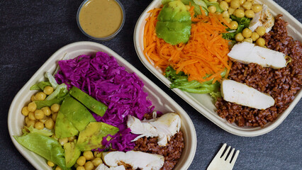 Vibrant lunch bowls brimming with grilled chicken, red cabbage, avocado, chickpeas, lettuce, carrots, and brown rice, accompanied by sauce and a wooden fork