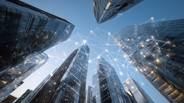 Futuristic smart city skyline with tall glass skyscrapers connected by glowing digital data nodes, symbolizing technology, innovation, connectivity, and modern urban infrastructure.