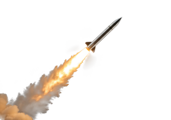 Rocket launch with fire and smoke isolated on transparent background
