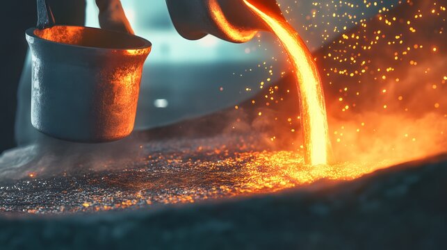Industrial alchemy in action as a worker pours a glowing river of molten metal from a crucible, with sparks flying in the dark foundry