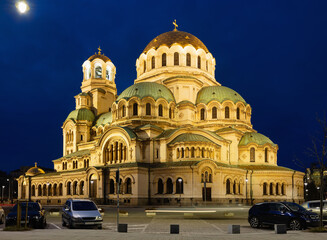 Alexander Nevski Cathedral in Sofia, Buglaria at night. Patriarchal cathedral of St. Alexander Nevsky in the evening. Golden domes shining by spotlights
