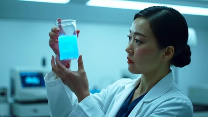 Female scientist examining blue liquid in beaker laboratory setting - Powered by Adobe
