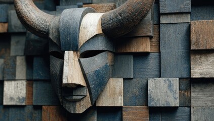 Wood mask on a mosaic wall