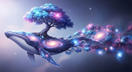 Surreal cosmic whale with a glowing tree on its back swimming in space