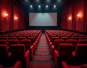 Fototapeta premium Empty cinema hall with plush red seats and large screen theater auditorium