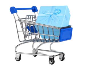 Modern Shopping Trolley with Gift Box – Blue Color Theme – PNG