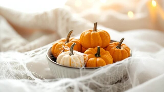 Autumn pumpkins in bowl on knitted blanket