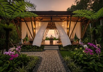 Tranquil bamboo spa pavilion in a lush garden setting at sunset invites relaxation