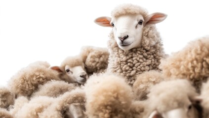 A fluffy, cream-colored sheep stands prominently amidst a crowd of its woolly brethren against a stark white backdrop
