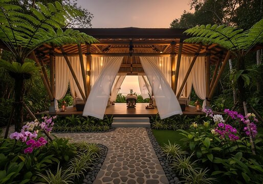 Tranquil bamboo spa pavilion in a lush garden setting at sunset invites relaxation