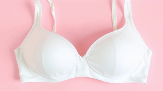 A pink lace lingerie set, white bra isolated on a pink background, no bra day concept