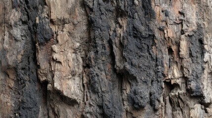 A close-up view of rough bark reveals deep grooves and an intricate texture, showcasing the natural beauty of tree surfaces in a serene forest environment.