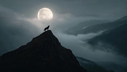 Silhouetted wolf on mountain peak, full moonlit night
