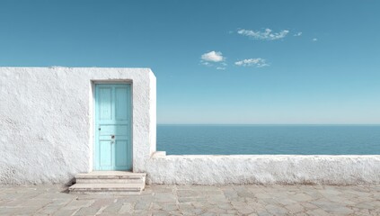Light blue door on a whitewashed wall overlooking a tranquil ocean
