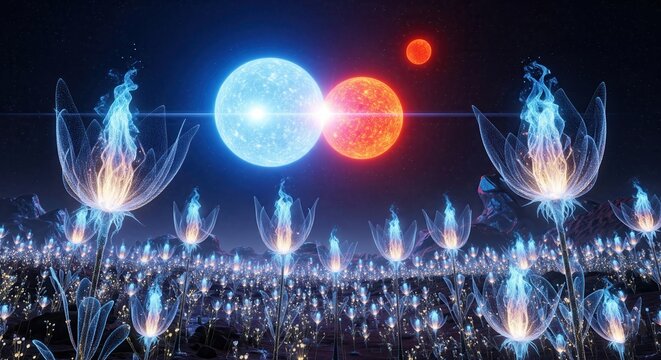 Alien flowers glowing under a binary star system on a distant world