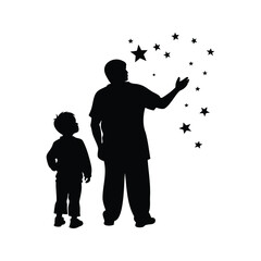 Father and son reaching for the stars in a magical black silhouette