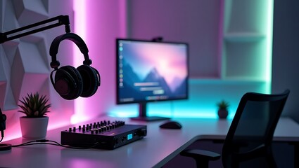Gaming setup with headphones monitor and mixer for streaming and esports