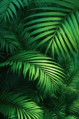 Lush tropical palm leaves in a dense cluster