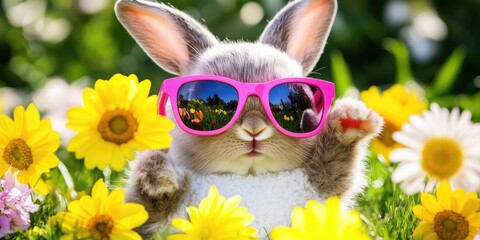 Adorable bunny rabbit in pink sunglasses sits amidst vibrant yellow and white flowers in a sunny garden, waving a paw