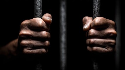 A hand gripped tightly around a prison bar.