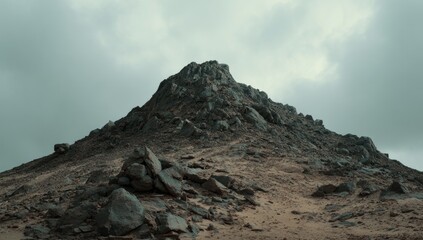 Fototapeta premium Rugged Mountain Peak Under Overcast Sky: Barren Landscape, Dramatic Texture.