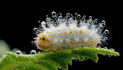 Naklejka premium Close-up of a white caterpillar, covered in dew drops, on a leaf