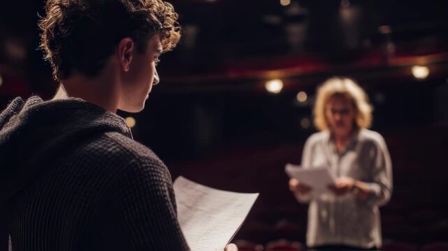 Closeup of a focused performer memorizing lines from a script on a cluttered rehearsal stage while a director gestures and offers constructive feedback nearby.