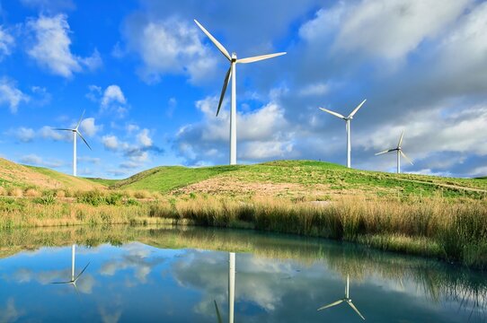 New Zealand Wind Farm Lake Reflection
