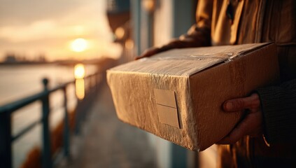 Person holds cardboard box at sunset