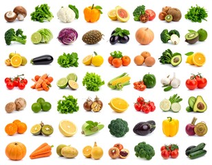 A vibrant collection of fresh produce, showcasing a variety of fruits and vegetables against a clean white background