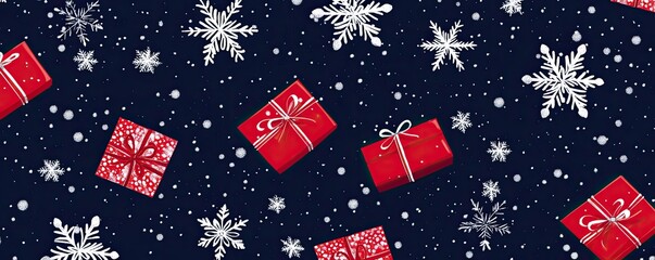 Red gifts and white snowflakes fall on a dark blue background, creating a festive winter scene