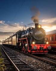 Naklejka premium Vintage steam train at sunrise
