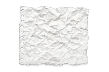 Obraz premium Crumpled white notebook paper sheet, perforated, displaying wrinkled texture against transparent backdrop