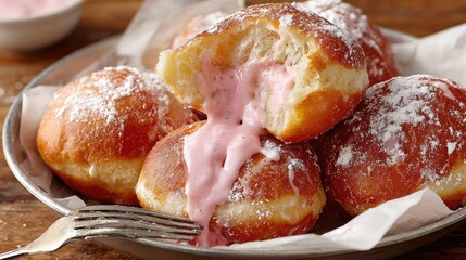 Pink-filled doughnuts dusted with powdered sugar.
