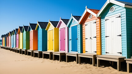Row of bright beach boxes on a sunny summers day