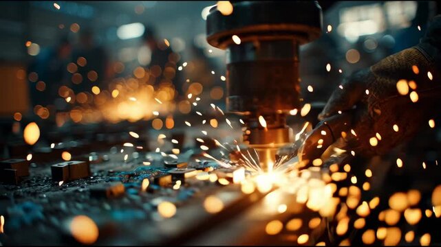A cinematic shot inside a modern agricultural implement workshop in punjab. Sparks fly as a welder works on a steel rotavator frame. The focus is on the glowing arc of the welding torch 