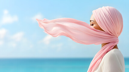 abstract concept of breast cancer, cancer free, October campaign and new beginning. A woman with a pink scarf flowing in the wind standing