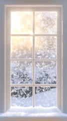 Snowy landscape through a frosty window