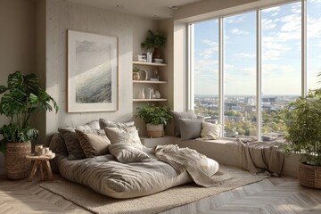 Modern minimalist bedroom with large window