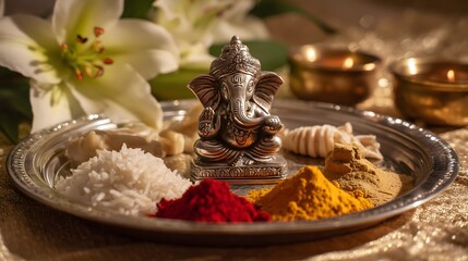 Traditional Indian puja thali with silver Lord Ganesha idol, sacred powders, rice, sweets, and diya lamps, symbolizing devotion, spirituality, and cultural rituals in Hindu worship ceremonies.

