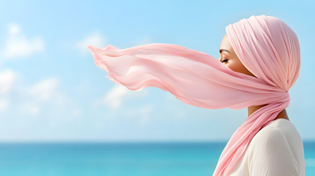 abstract concept of breast cancer, cancer free, October campaign and new beginning. A woman with a pink scarf flowing in the wind standing