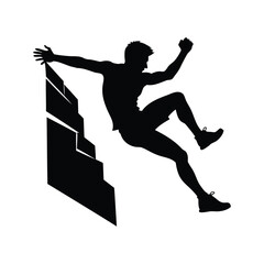 Silhouette of a rock climber on a rock wall, reaching for next hold