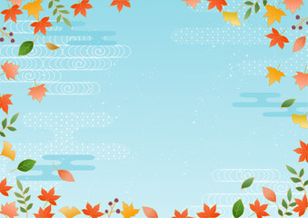 和柄 紅葉やイチョウ 秋の葉のベクターフレーム背景 水色 Japanese pattern autumn leaves and ginkgo autumn leaf vector frame background sky blue