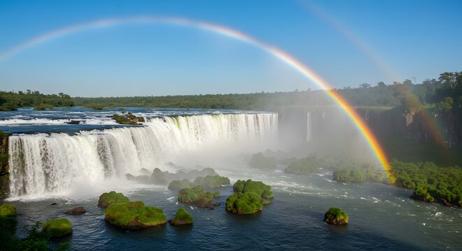 Wide shot of Iguazu Falls with a vibrant rainbow arching over the cascading water, showcasing lush green vegetation and a bright, sunny atmosphere.