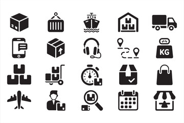 E-Commerce and Supply Chain Icons Including Boxes, Bags, and Storefronts