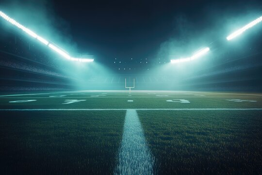 Empty football stadium at night, illuminated by bright teal stadium lights, with fog or haze adding atmosphere