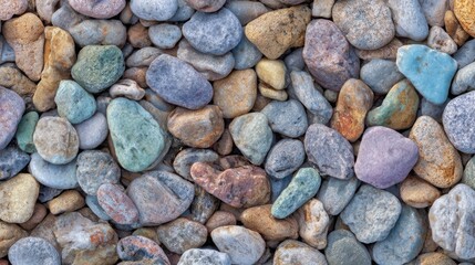 A collection of small pebbles in diverse colors and shapes forms an intricate pattern on the ground. These stones display a blend of earthy tones, creating a visually appealing surface.