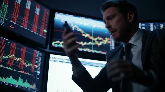 Focused businessman examines financial data on multiple screens in a dark office environment - Powered by Adobe