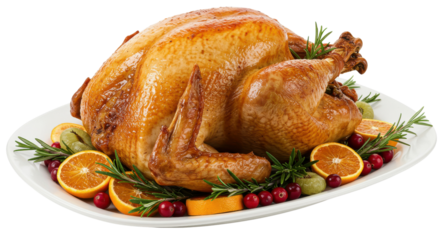 Festive roasted turkey on a platter garnished with oranges, cranberries, and rosemary isolated PNG with Transparent Background