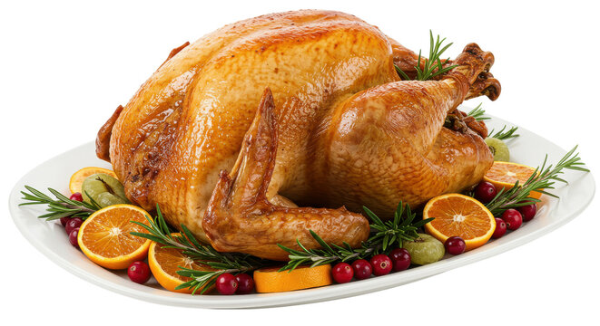 Festive roasted turkey on a platter garnished with oranges, cranberries, and rosemary isolated PNG with Transparent Background - Powered by Adobe